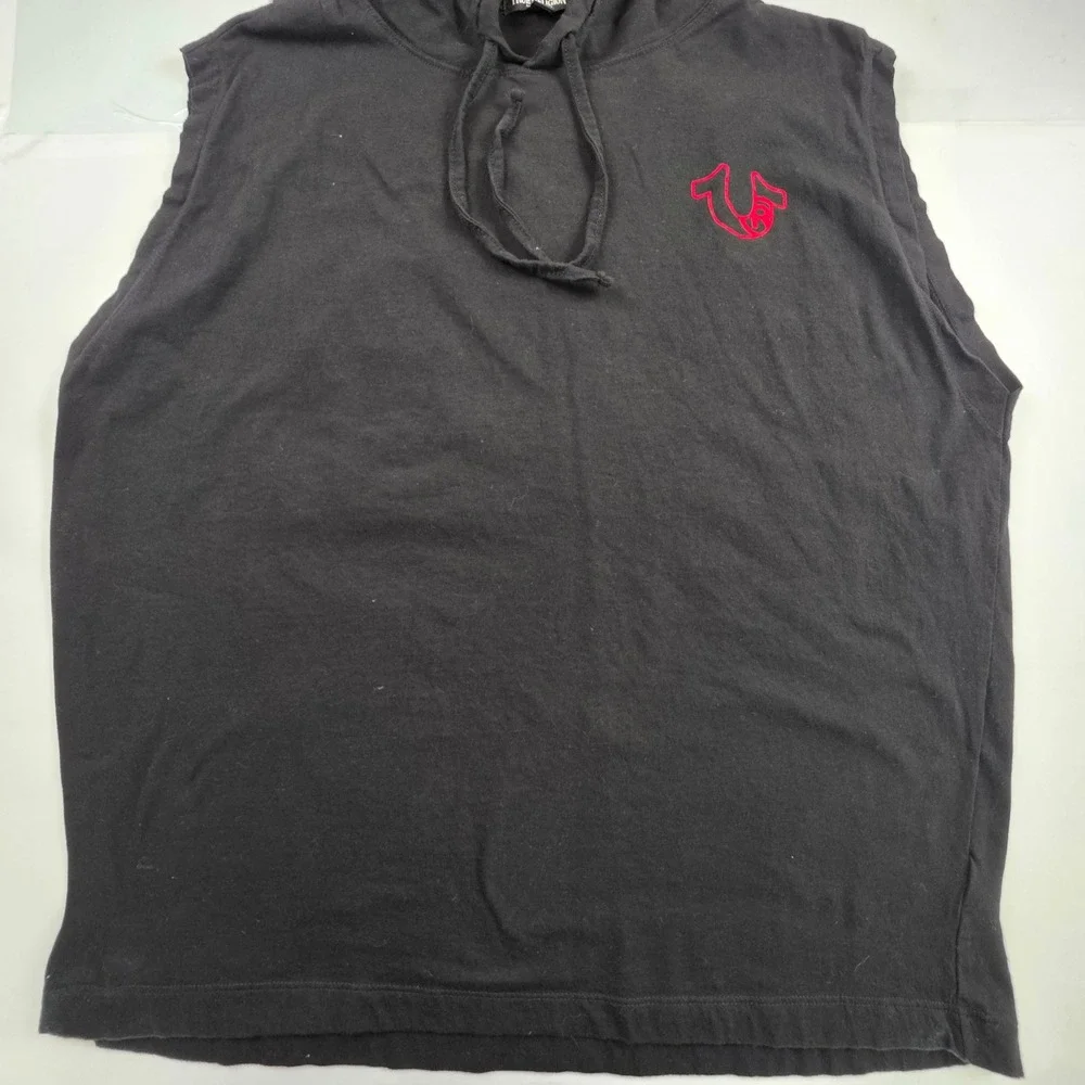 True Religion Sleeveless Hoodie Mens Large Black Graphic Buddha Horseshoe Logo